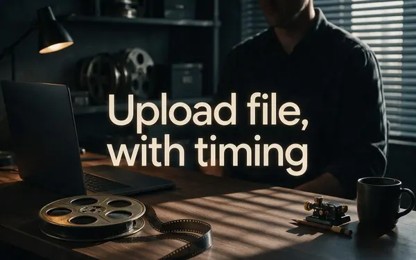 Upload file, with timing title card — a clean desk with a laptop and a film reel