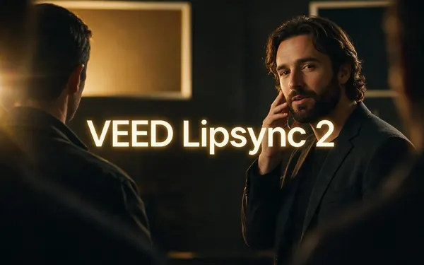 VEED Lipsync 2 title card — existing footage of a fictional adult speaker being lip-synced to a new waveform