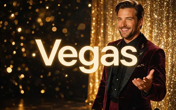 Vegas title card — glitzy golden bokeh lights and sparkling sequins behind a fictional adult host in a velvet blazer