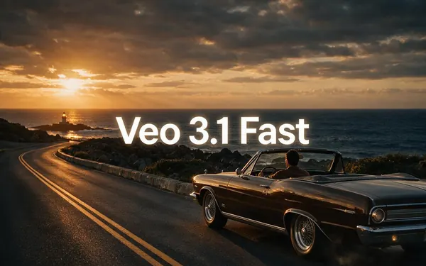 Veo 3.1 Fast title card — a fast draft film still of a vintage car on a coastal road