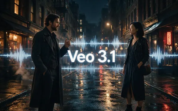 Veo 3.1 title card — two fictional adult characters in dialogue on a rainy noir street