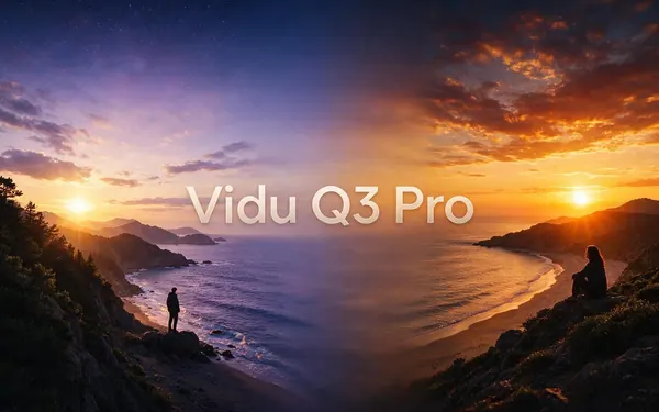 Vidu Q3 Pro title card — a start frame of a sunrise and an end frame of a sunset with a smooth transition between