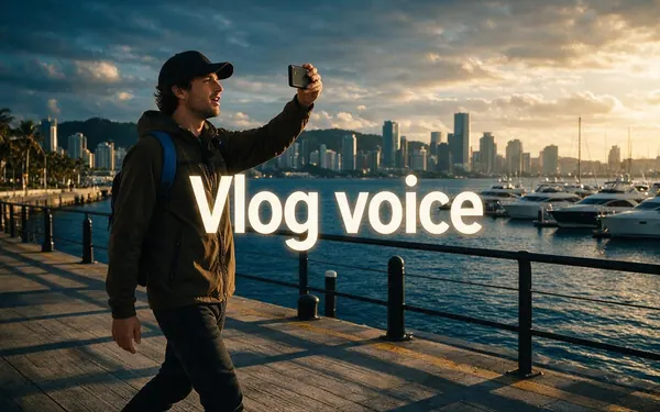 Vlog voice title card — a fictional adult traveller vlogging on a phone while walking along a sunny harbour promenade