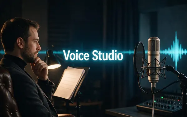 Voice Studio title card — a script page with blank lines and a studio microphone with a waveform