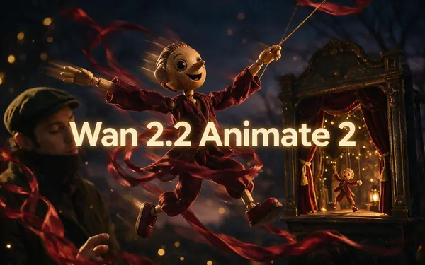 Wan 2.2 Animate 2 title card — an open animation model clip of a puppet coming to life