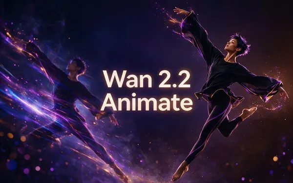 Wan 2.2 Animate title card — a dancer's motion being transferred onto a stylised character