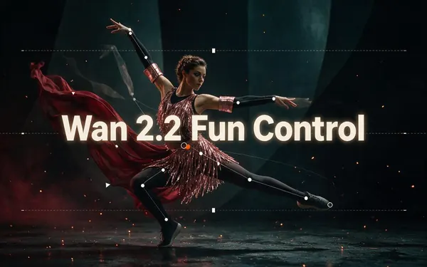 Wan 2.2 Fun Control title card — a control map guiding a video frame of a fictional adult dancer