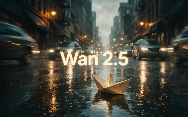 Wan 2.5 title card — a short cinematic clip still of a paper boat sailing down a rainy street