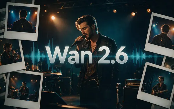 Wan 2.6 title card — a film still of a fictional adult singer on a small stage with reference photos and sound waves
