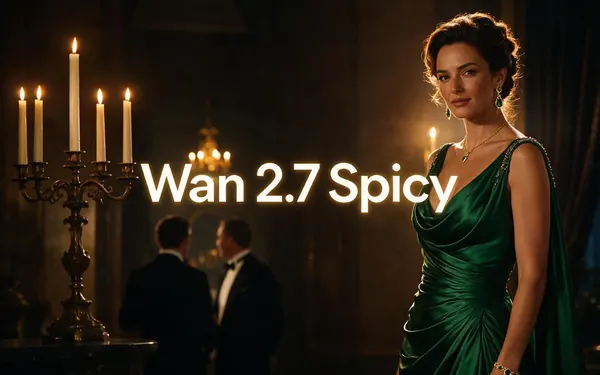 Wan 2.7 Spicy title card — glamorous high-fashion editorial
