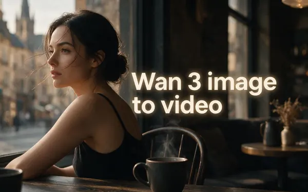 Wan 3 image to video title card — a lifestyle photograph of a fictional adult woman in a café coming to life as a clip