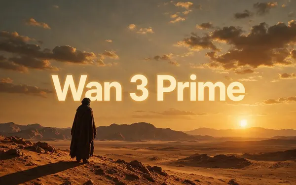 Wan 3 Prime title card — a high-quality cinematic film still of a lone figure in a vast desert at golden hour