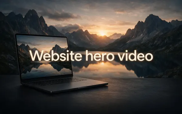 Website hero video title card — a modern laptop on a desk with a calm landscape video filling the screen