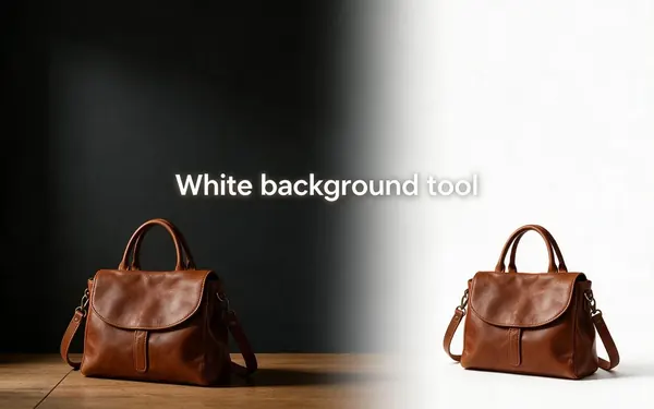 White background tool title card — an unbranded brown leather handbag cut out cleanly onto a pure white background on the right
