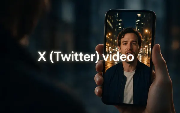 X (Twitter) video title card — a hand holding a phone playing a short clip of a fictional adult speaking to camera on a city street