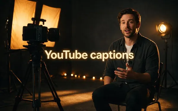 YouTube captions title card — a creator studio with a camera filming a fictional adult speaking to camera