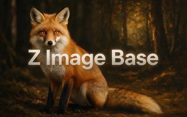 Z Image Base title card — a portrait of a red fox that transitions smoothly from photograph on the left to oil painting on the right