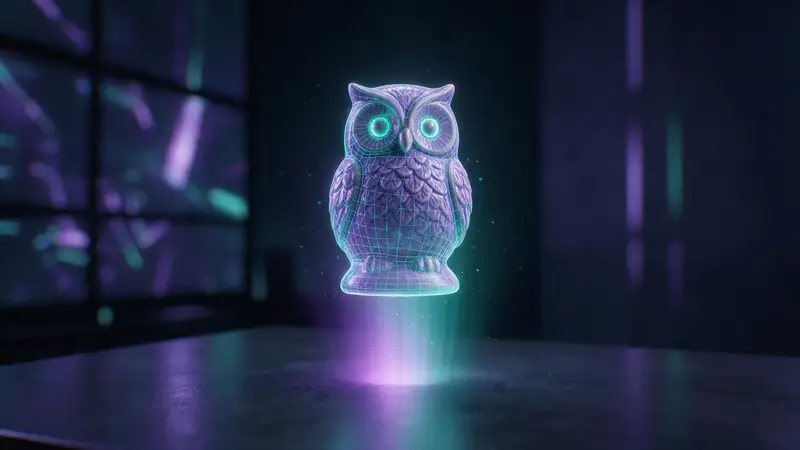 A glowing 3D owl model forming above a desk
