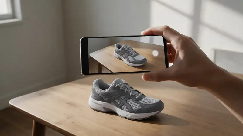 A phone showing a 3D sneaker placed on a table in augmented reality