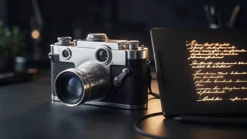 A detailed vintage camera 3D model beside a glowing written brief