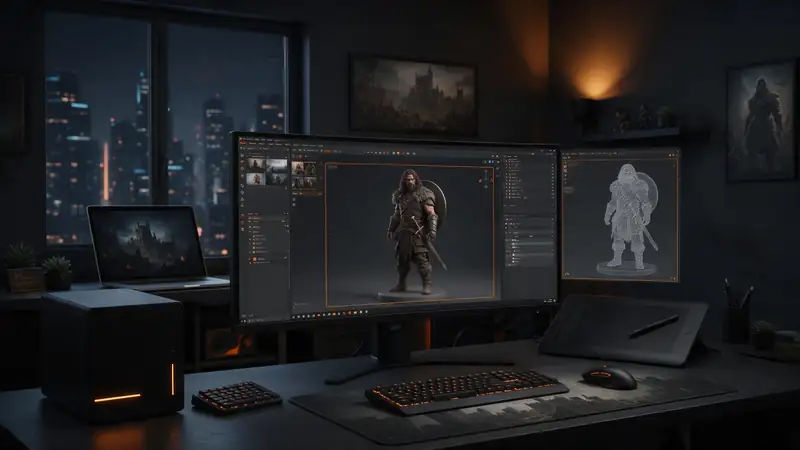A 3D workstation showing a textured character model in wireframe and shaded views