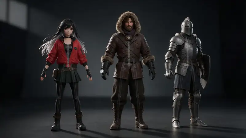 Three stylised 3D characters in A-pose with skeleton overlays