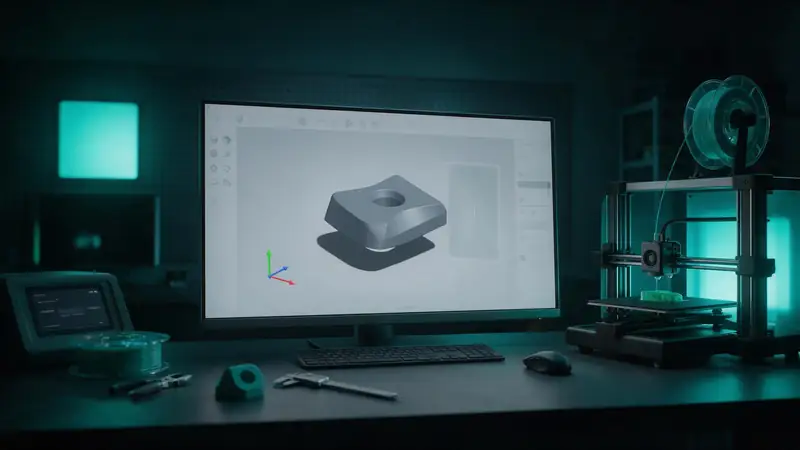 A monitor showing a grey 3D model with move and rotate gizmos