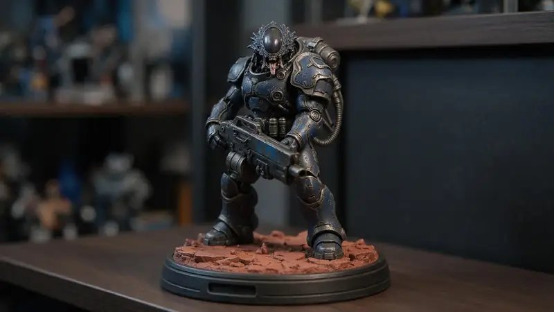 A painted 3D printed sci-fi action figure on a display base