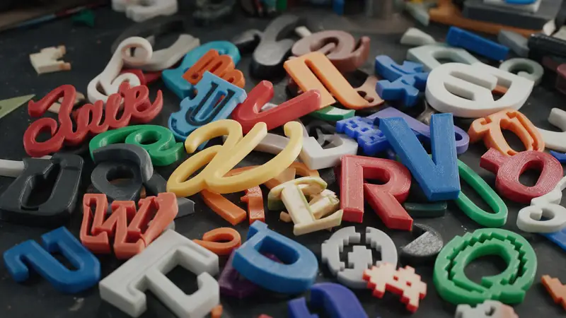 3D printed letters in many typeface styles on a workbench