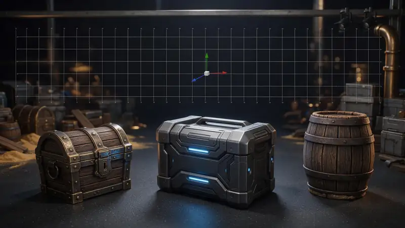 Stylised game props inside a game engine viewport