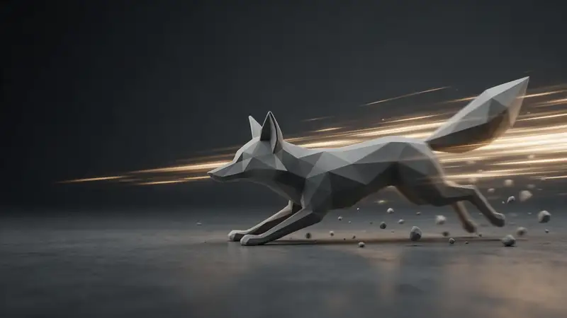 An untextured clay 3D fox appearing quickly with speed streaks