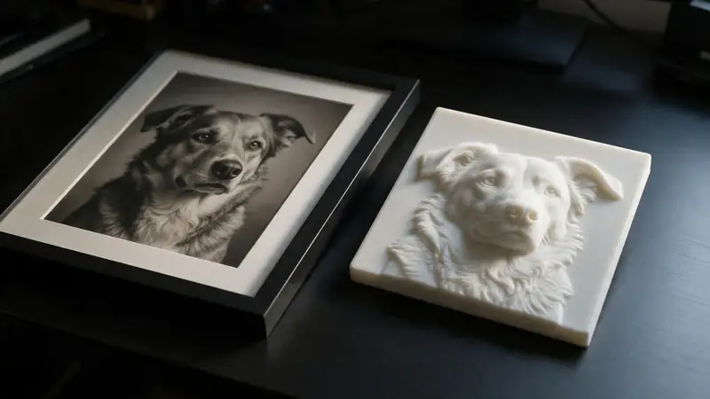 A framed dog photo beside a white 3D printed relief tile of the same portrait