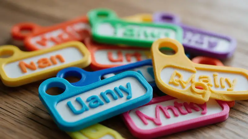 Colourful 3D printed name keychains with ring holes