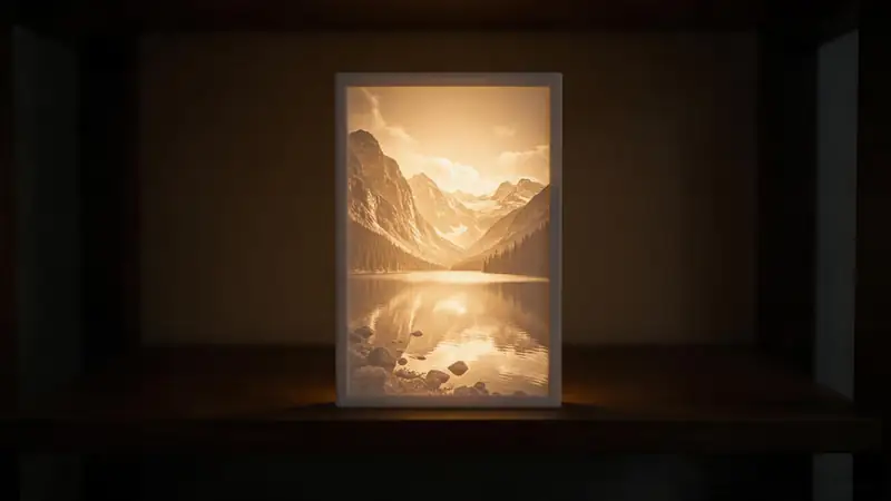 A white 3D printed lithophane panel glowing on a shelf in a dark room