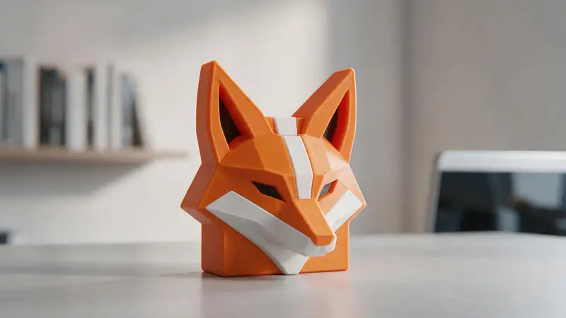 A 3D printed fox emblem in orange and white on a desk