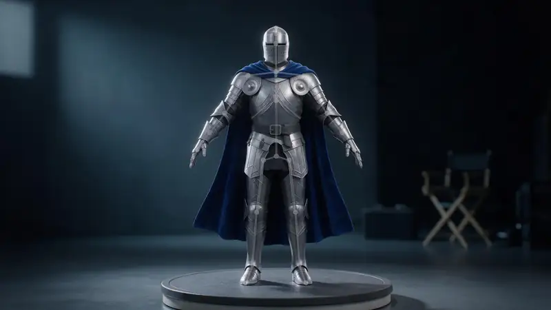 A stylised knight 3D character in A-pose with a skeleton overlay