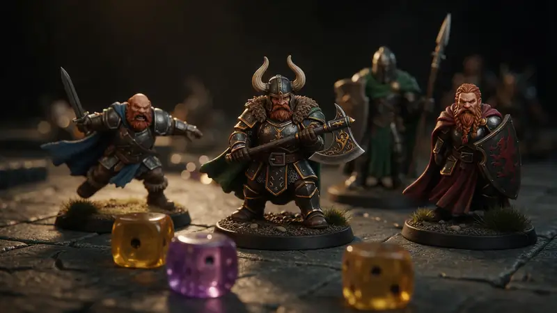 Painted 3D printed fantasy miniatures on a game board
