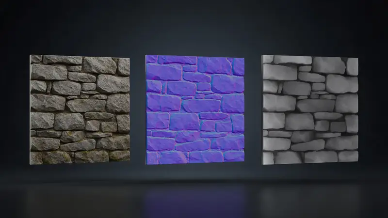 A stone texture shown as colour, normal map and height map