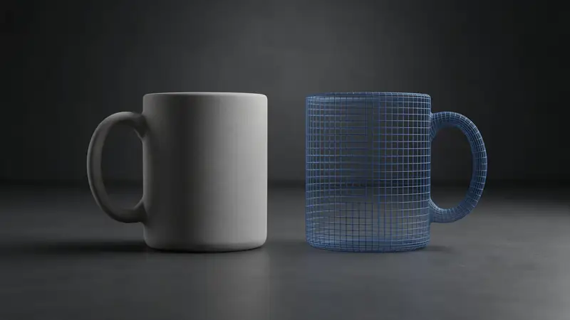 A clay mug render next to its wireframe