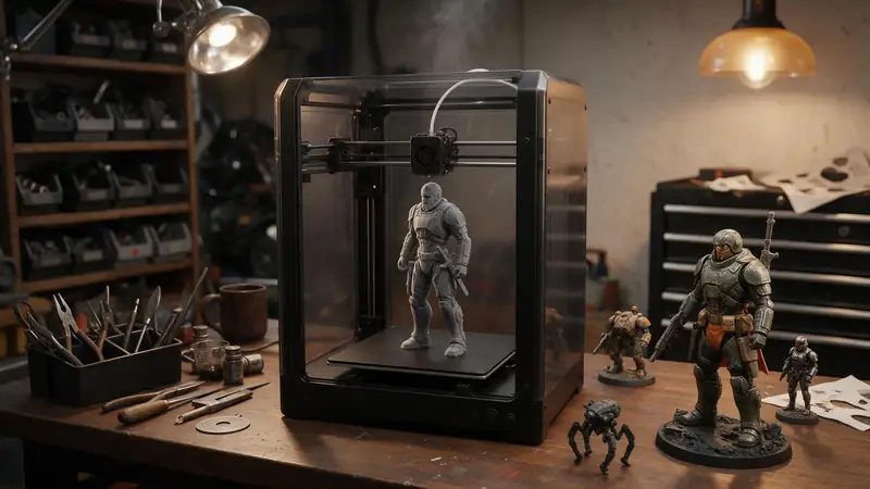 A 3D printer printing a grey action figure with finished figures beside it