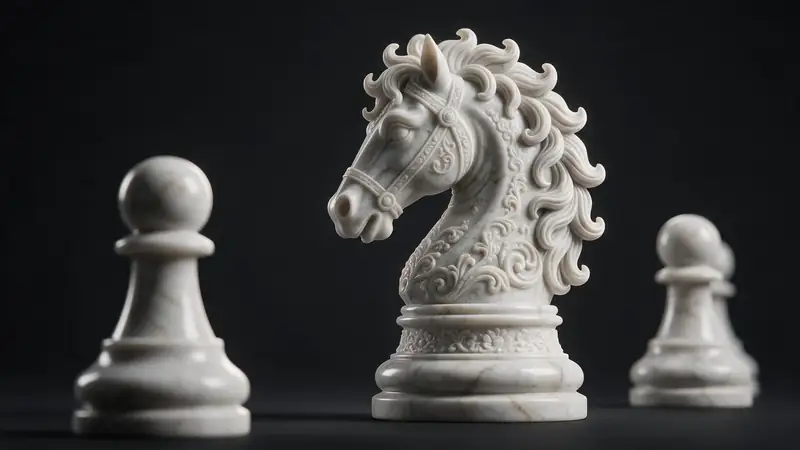 A detailed white marble chess knight 3D model under studio lights