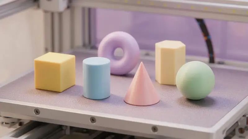 Simple 3D printed geometric shapes on a print bed