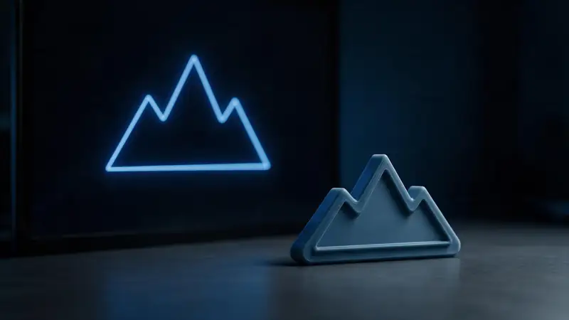 A glowing vector mountain outline turning into a 3D printed badge