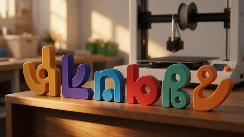 Colourful chunky 3D printed letters on a shelf