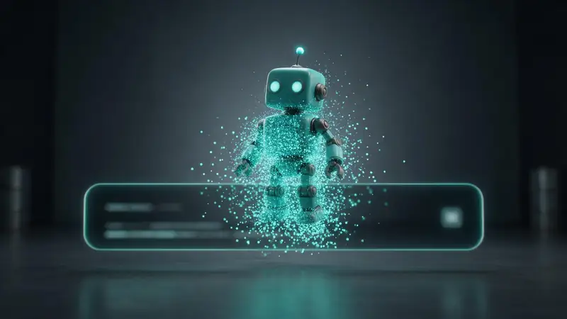 A glowing prompt bar with a toy robot model assembling above it