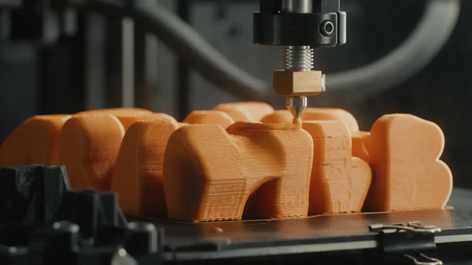 A 3D printer nozzle printing thick orange block letters