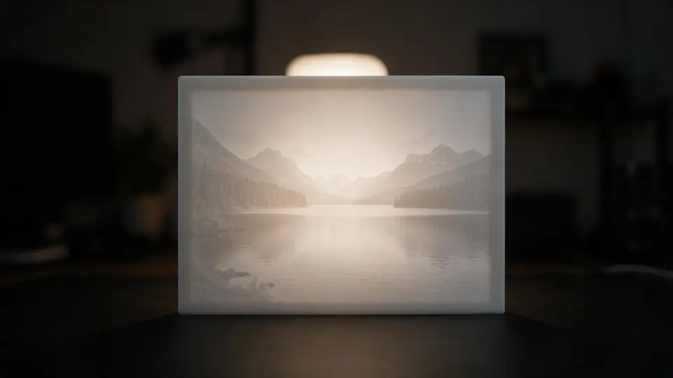 A white lithophane panel glowing as a light behind it brightens