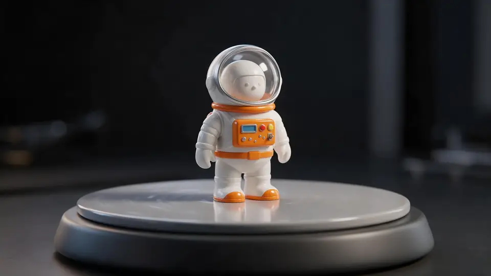 A toy astronaut figure turning on a display turntable