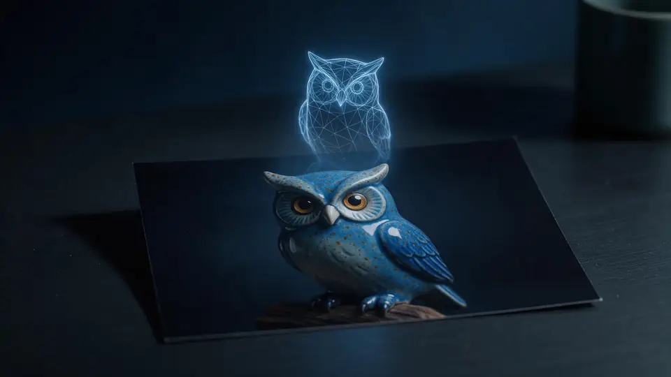 A wireframe owl rising out of a printed photo and filling in with texture