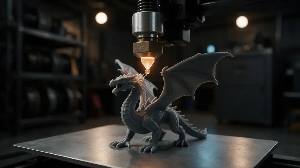 A 3D printer nozzle printing a grey dragon miniature layer by layer